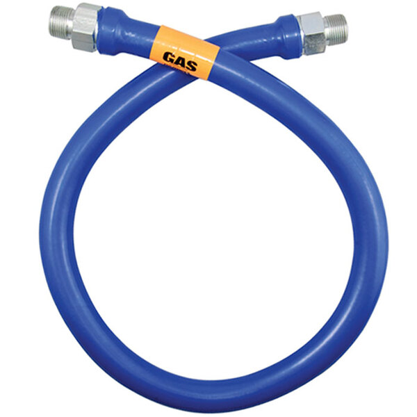 A blue and stainless steel Dormont gas connector hose with orange and yellow accents.