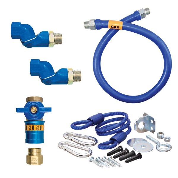 A blue Dormont gas connector hose kit with restraining cable and swivels.