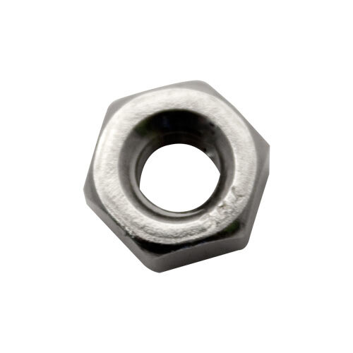 A close-up of a stainless steel 1/4-20 nut.