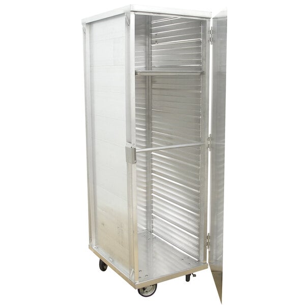 An Advance Tabco stainless steel sheet pan rack cabinet with an open metal door.