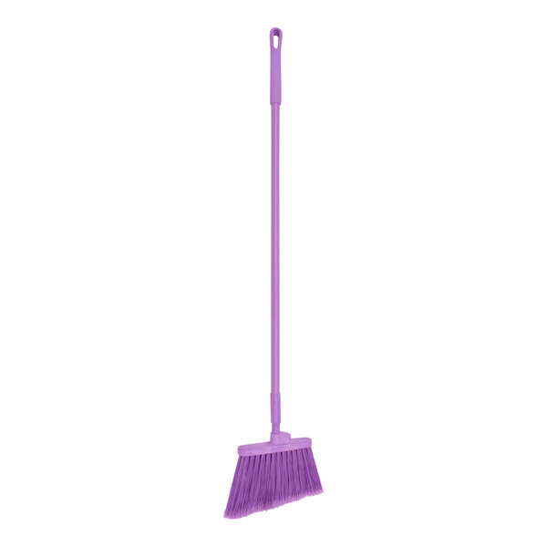 A close-up of a purple broom with a white handle.