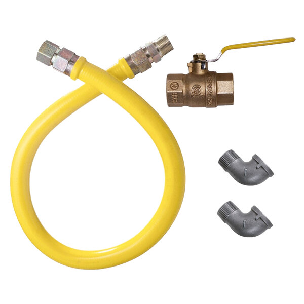 A yellow Dormont gas hose with metal fittings.