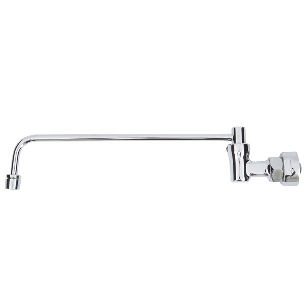 A silver faucet with a long handle.