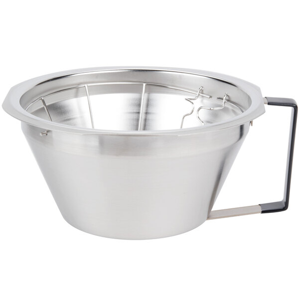 A stainless steel brewing funnel with a handle.