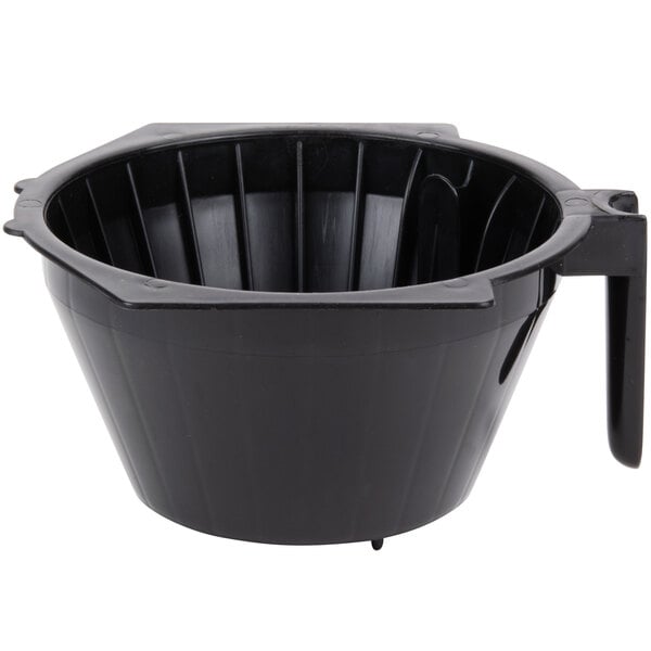 A black plastic brewing funnel with a handle.