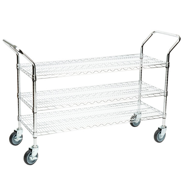 A Regency chrome wire utility cart with three shelves and wheels.
