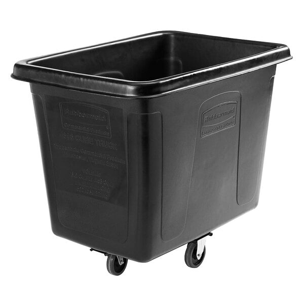 A black Rubbermaid plastic bin on wheels.