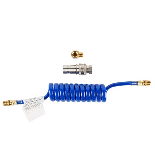 A blue Dormont water connector hose with brass connectors.