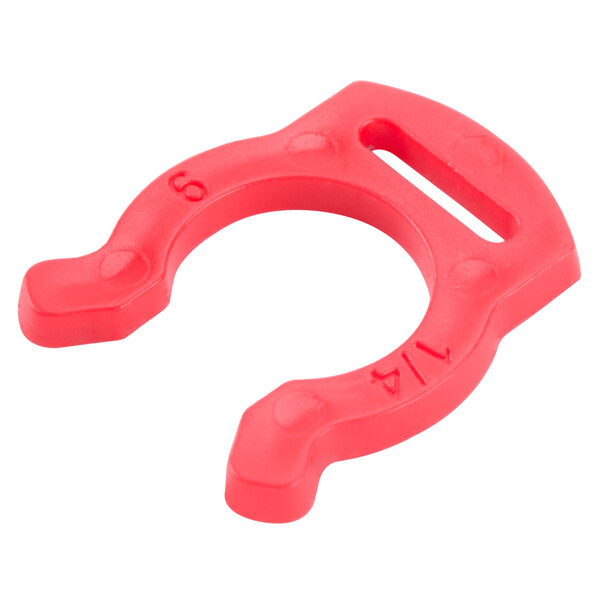 A red plastic Nemco Locking Clip with a hole in it.