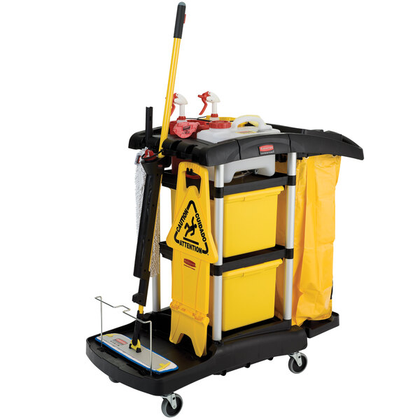 A Rubbermaid professional cleaning cart with color coded pails on it.