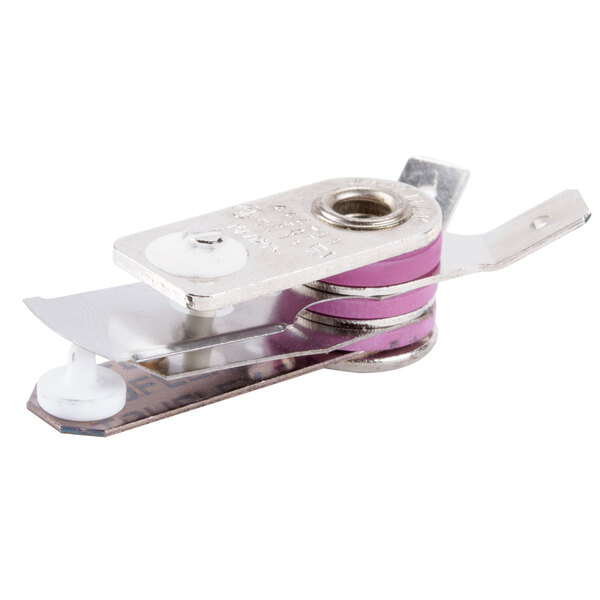 A metal clamp with a pink handle used to control the temperature of a Nemco countertop pizza oven.