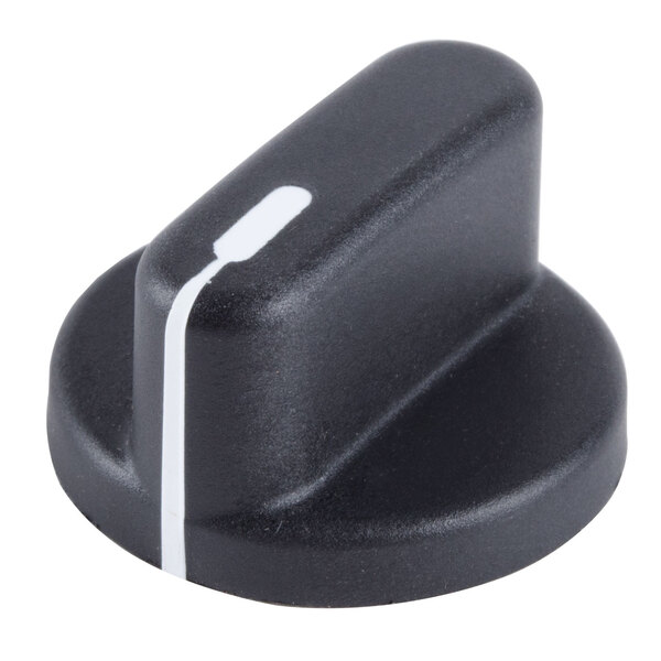 A black knob with white stripes on it with a set screw.