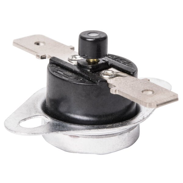 An Avantco black and silver metal thermostat.