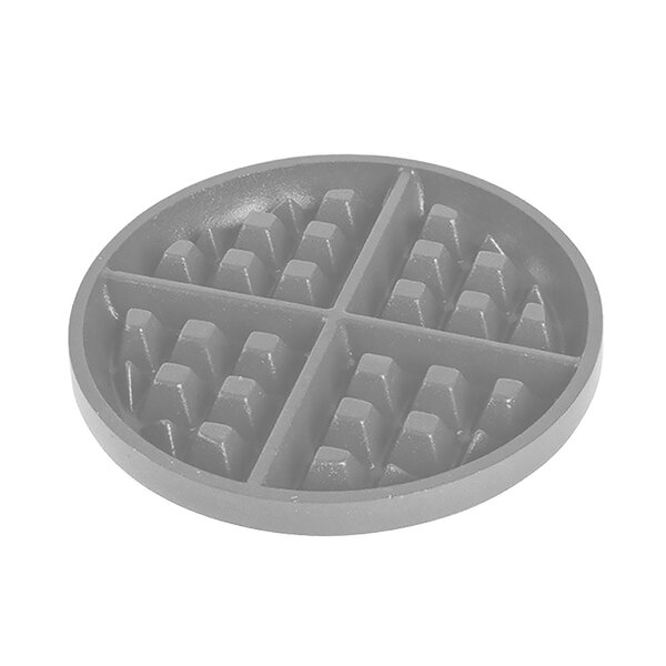 A grey aluminum waffle grid with a round shape and six sections.