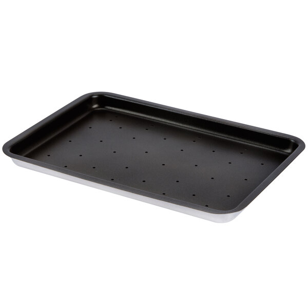 A black baking tray with holes.