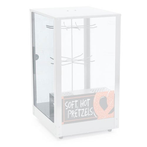 A Nemco glass display case with a sign for hot pretzels.