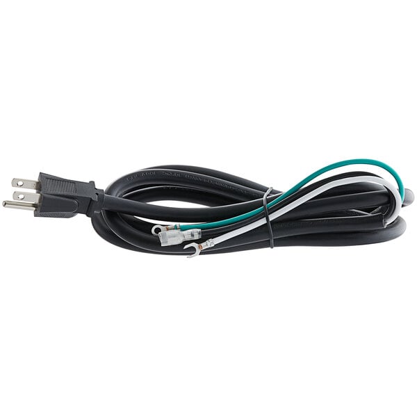An Avantco black electrical cord with white and green wires.