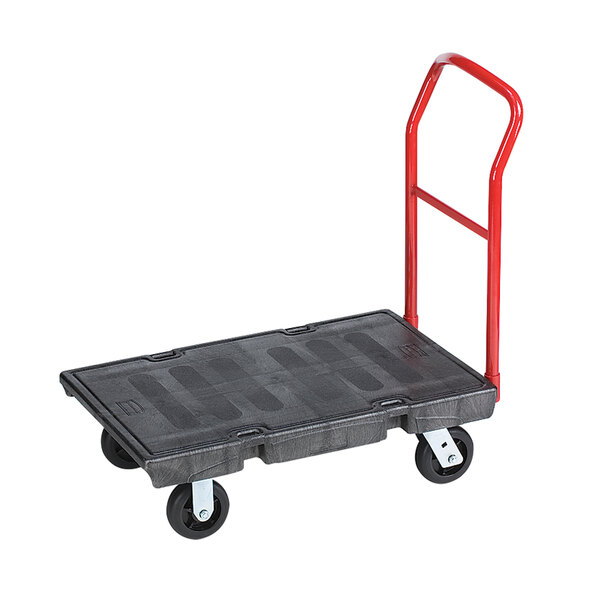 A black Rubbermaid platform truck with red handles and wheels.