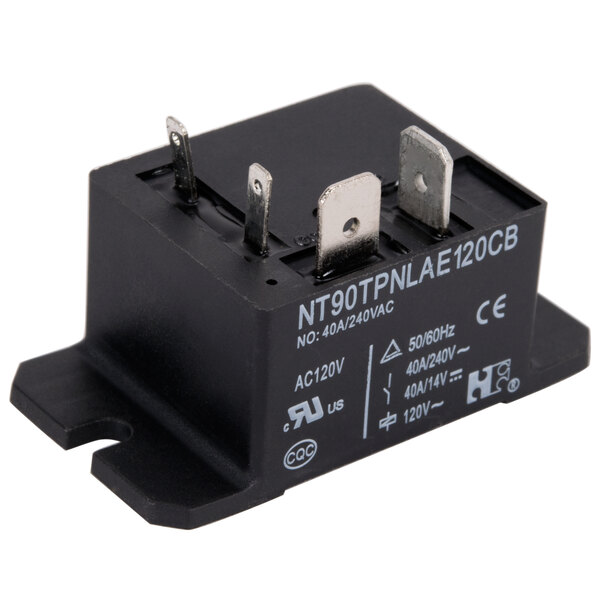 An Avantco 120V replacement relay with white text on a black background.