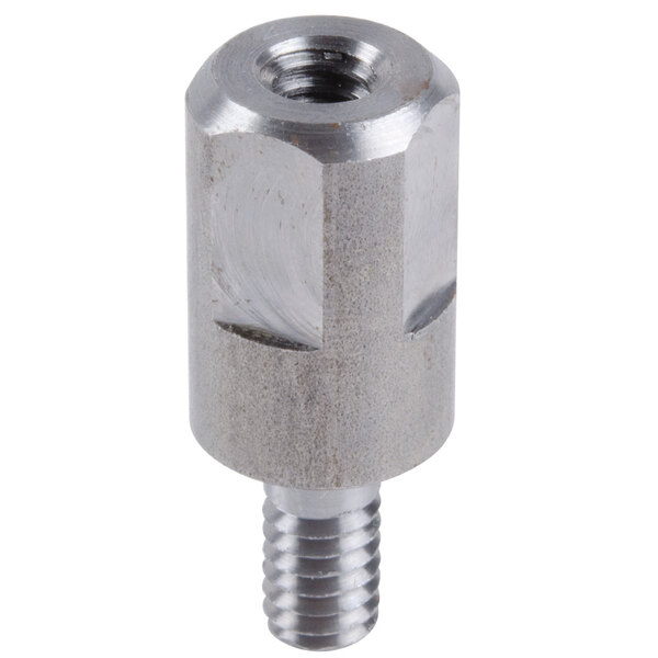 A stainless steel threaded standoff with a nut on it.