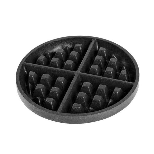 A black plastic grid tray with six round holes for a Nemco Belgian waffle maker.