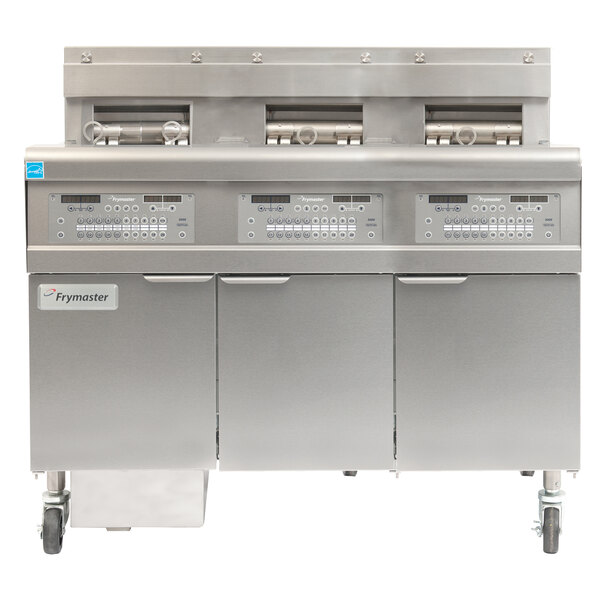 A large commercial Frymaster gas floor fryer with two full right frypots and one left split pot.