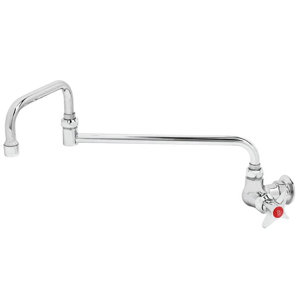 A T&S chrome wall mount faucet with a red 4-arm handle.