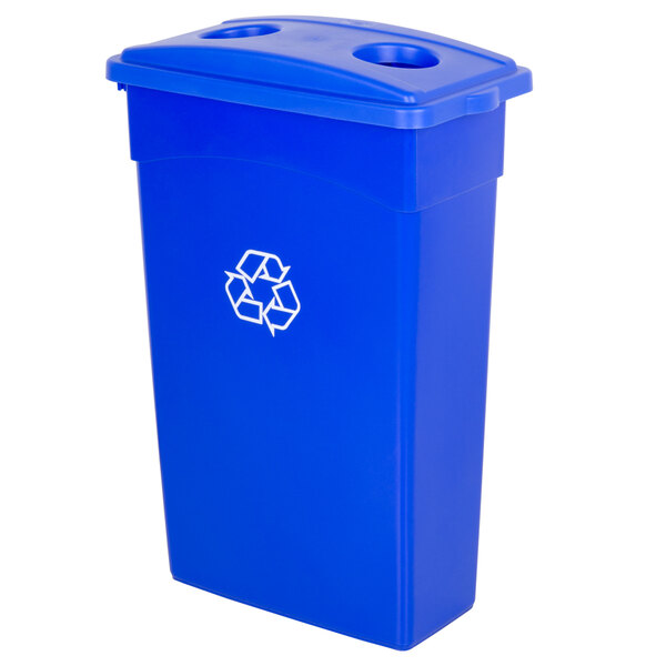 A blue Continental rectangular wall hugger recycling bin with a lid and recycle symbol.