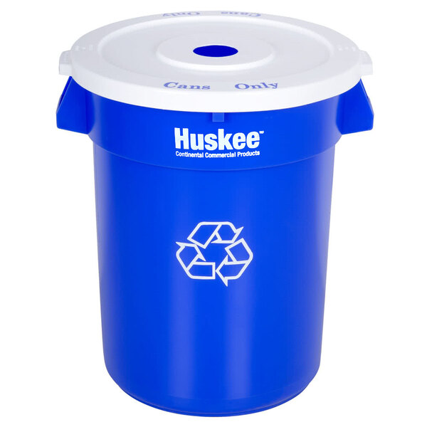 A blue Continental recycling trash can with a white lid.