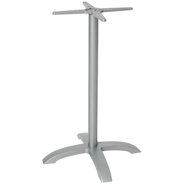 A BFM Seating silver metal table base with four legs.