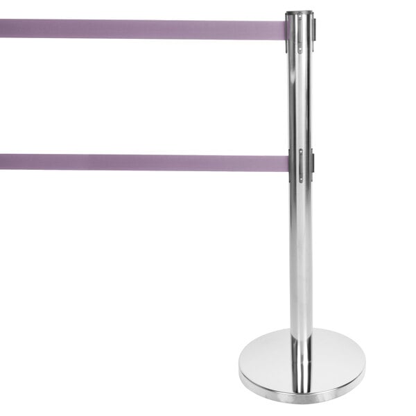 A silver Aarco crowd control stanchion with purple belts.