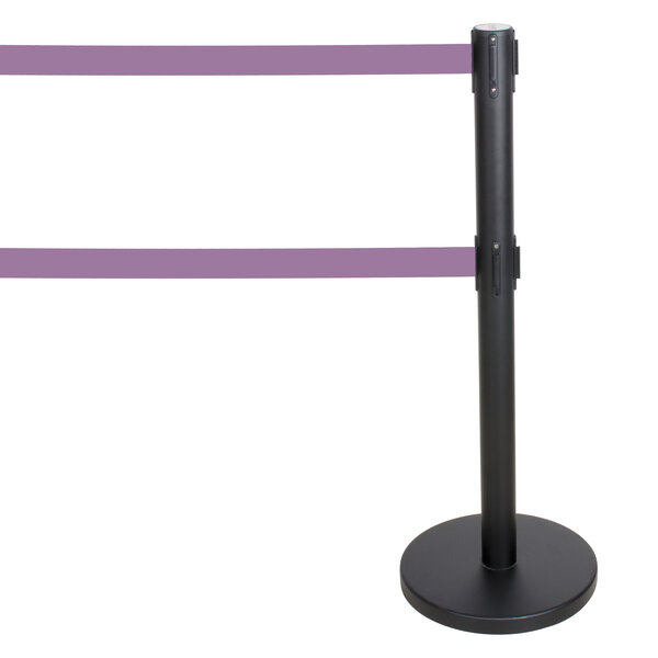 A black Aarco crowd control stanchion with purple retractable belts.