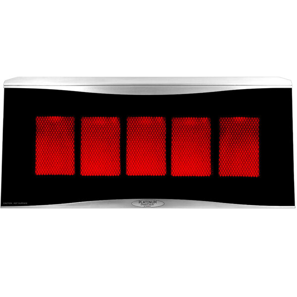 A black rectangular Bromic patio heater with red mesh.