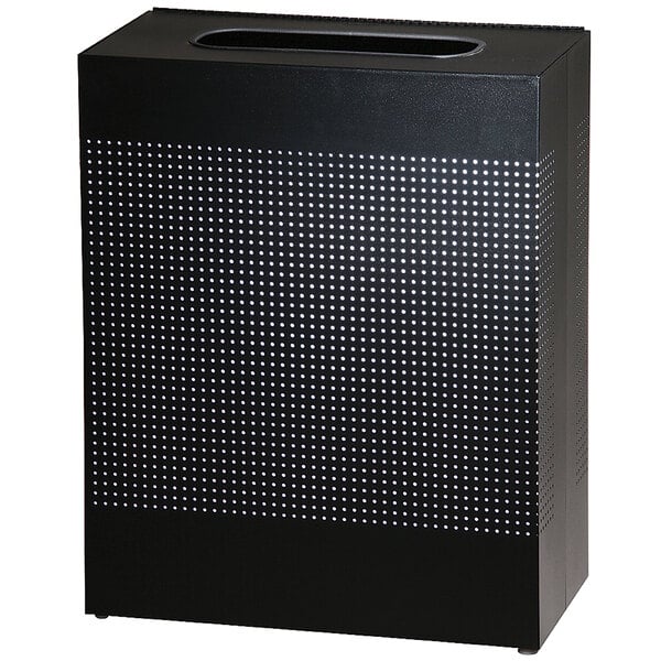 A black rectangular Rubbermaid waste receptacle with textured dots on it.