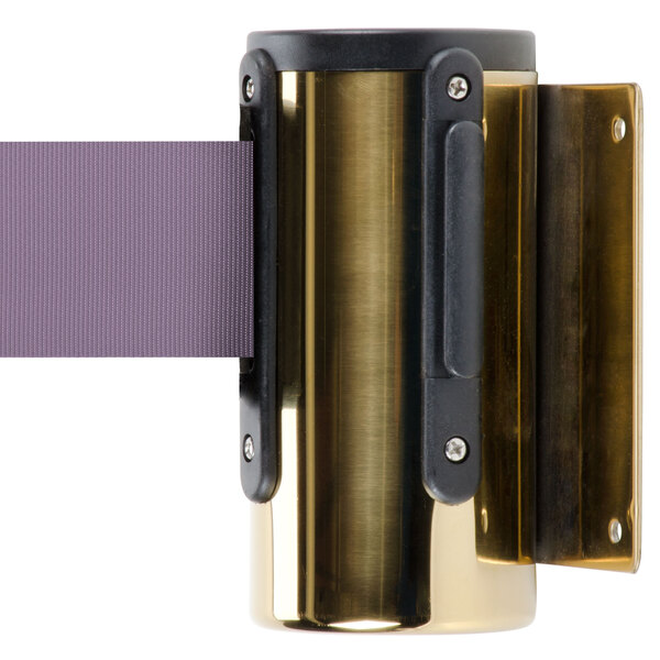 A brass Aarco wall-mount stanchion with a purple retractable belt attached.