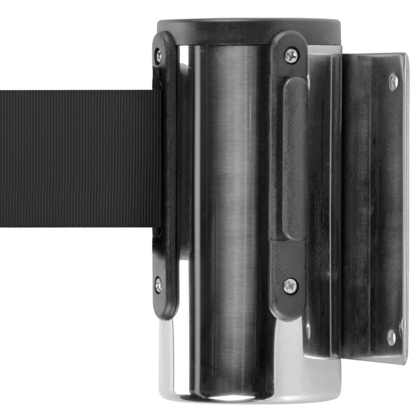 A chrome metal cylinder with a black strap.