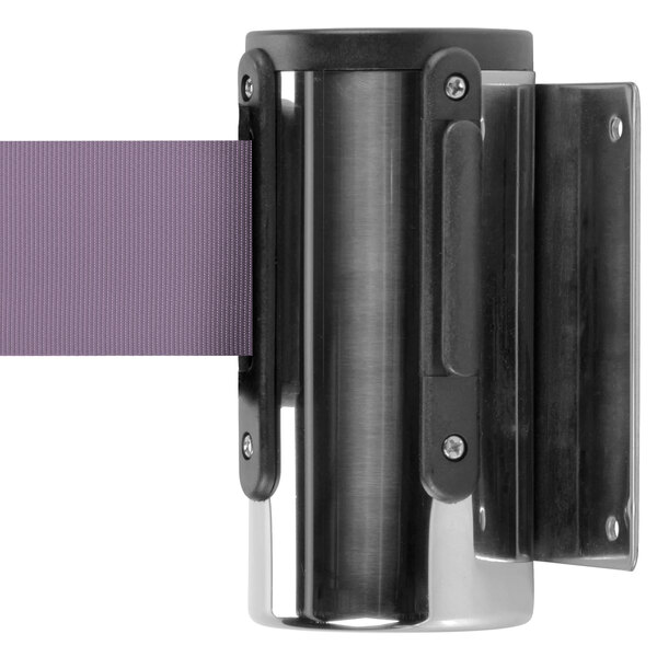 A chrome metal wall-mount stanchion with a purple retractable belt.