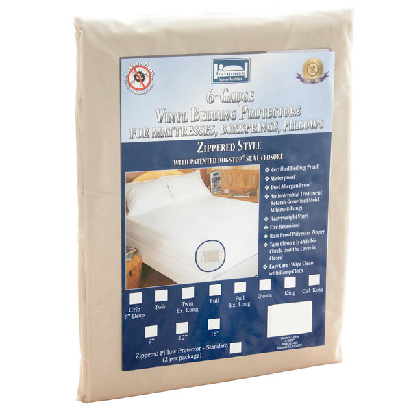 A white Bargoose vinyl mattress cover with a blue border.