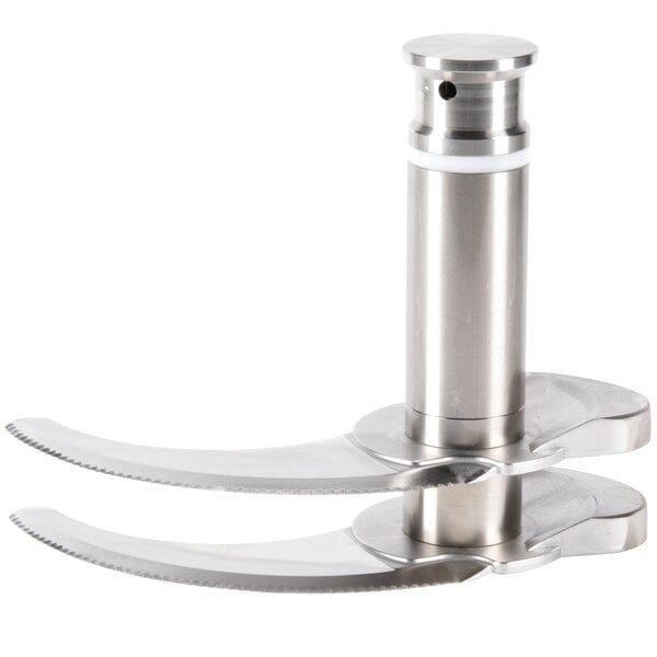 A Robot Coupe stainless steel serrated blade assembly with a handle.