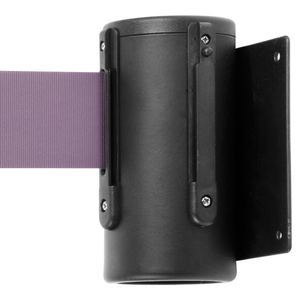 A black wall-mount stanchion with a purple retractable belt.
