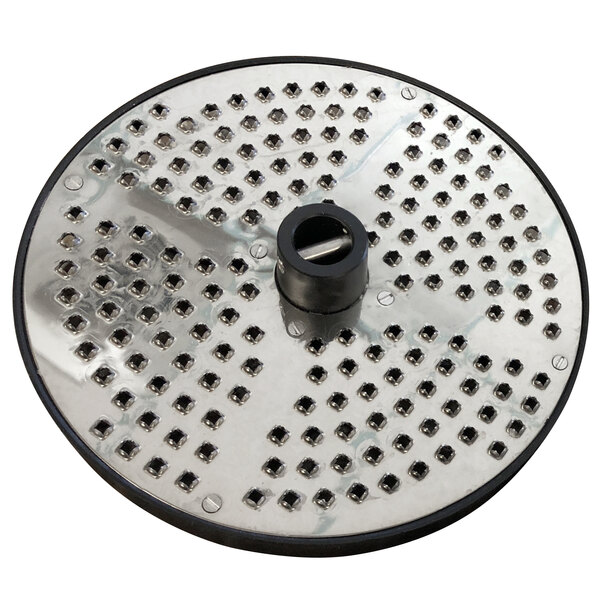 A circular metal Hobart cheese grater plate with holes.