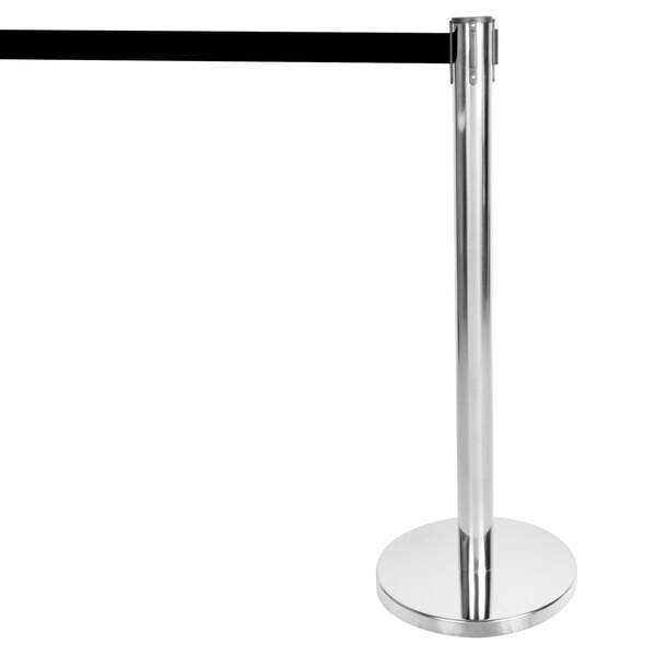 A silver metal crowd control stanchion with a black top and black retractable tape.