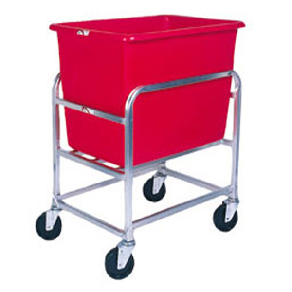 A red plastic container on a Winholt stainless steel metal frame.
