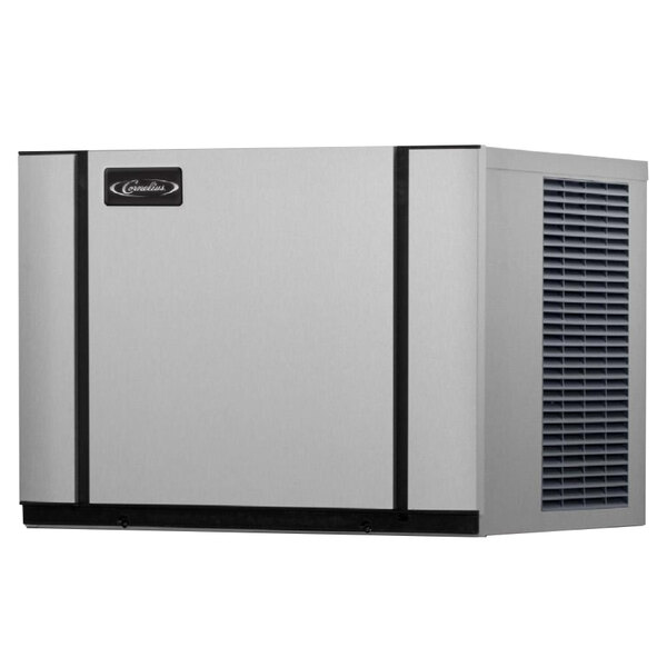 A stainless steel Cornelius air cooled ice machine with black handles.