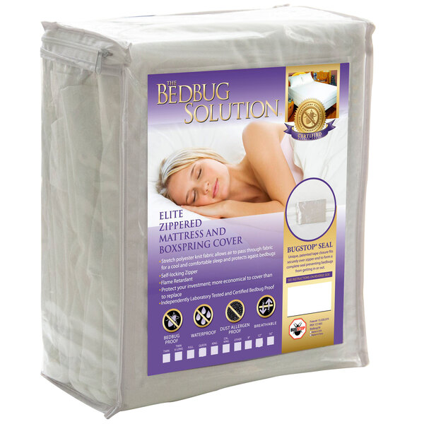 A white Bargoose Elite Zippered Full Mattress / Boxspring Cover package with a purple label.