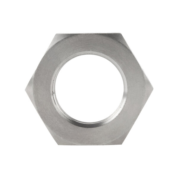 A stainless steel hexagon nut.