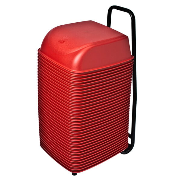 A red plastic container with a black handle.