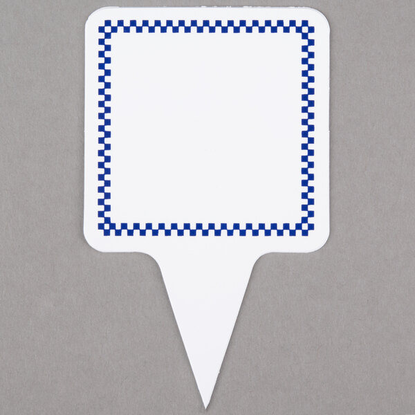 A square white sign with a blue checkered border and a white square deli sign spear.