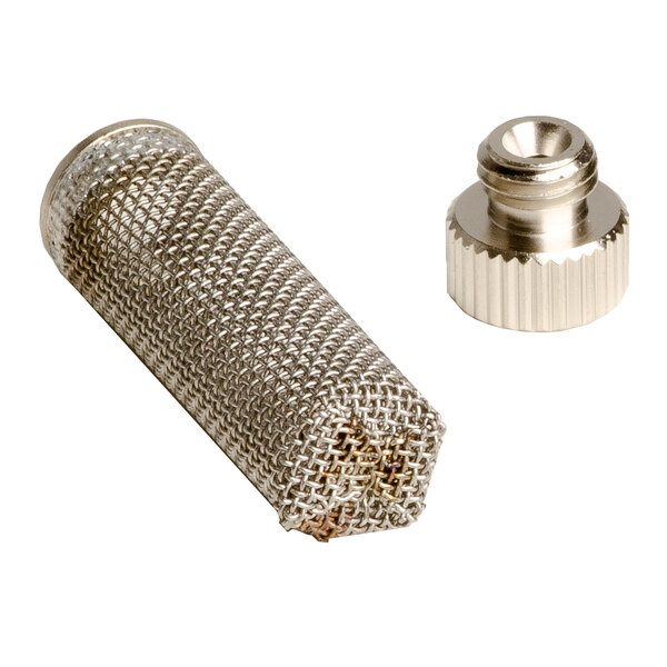A metal mesh filter and cap for Bunn iced tea and coffee brewers.