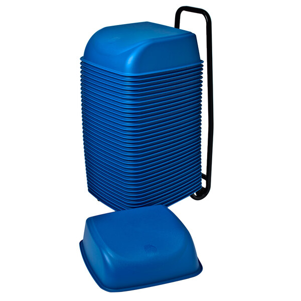 A blue plastic container with a black handle.